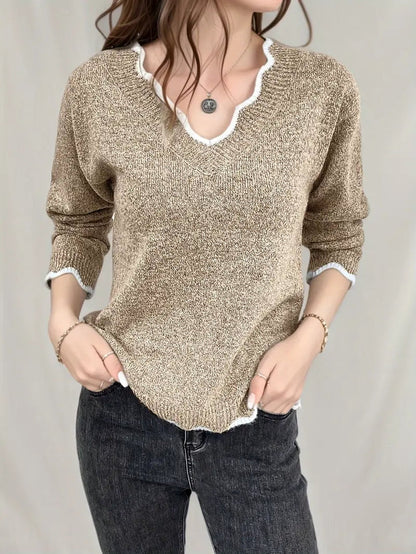 Adi - casual knitted sweater with long sleeves, shell trim and v-neckline