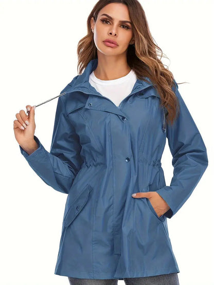 Stylish rain jacket in blue, mid-length with zipper and hood for women | Ideal for fall/winter