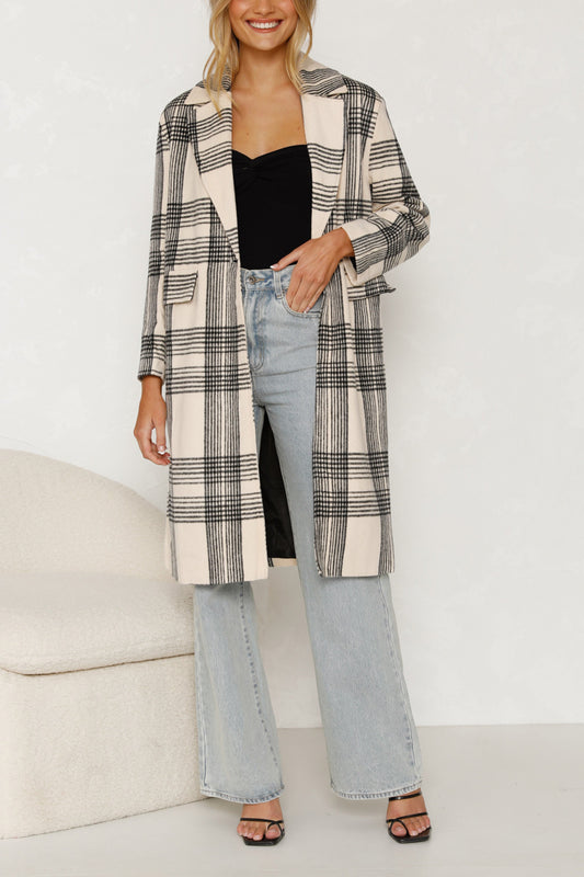 Checked long sleeve coat for women