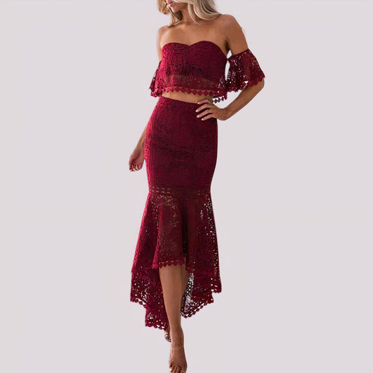 Two-piece dress with off-the-shoulder crochet lace - Ailana