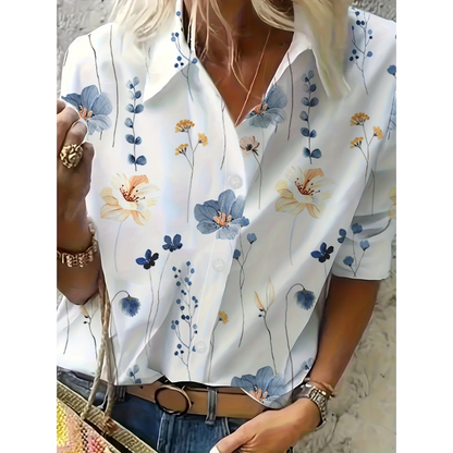 Emma | White elegant floral women's blouse with turn-up collar