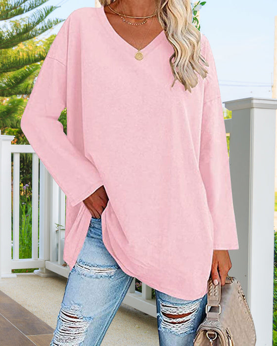 Plain-colored women's blouse with long sleeves and v-neckline