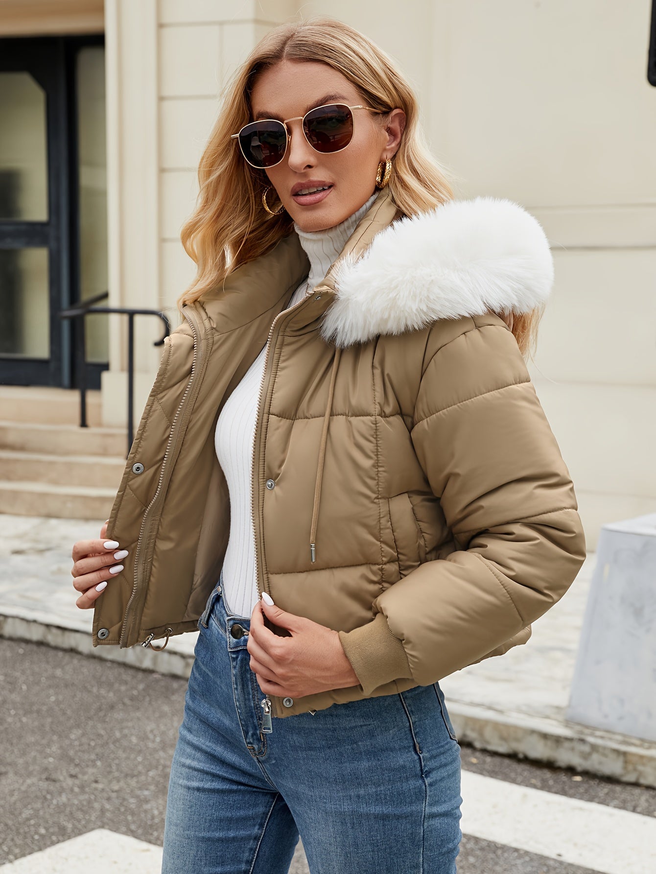 Stylish short puffer winter jacket with fur hood for women | Ideal for fall/winter