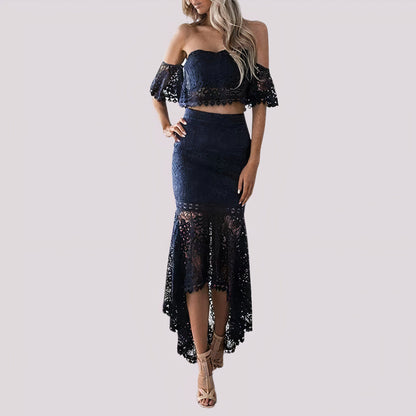 Two-piece dress with off-the-shoulder crochet lace - Ailana