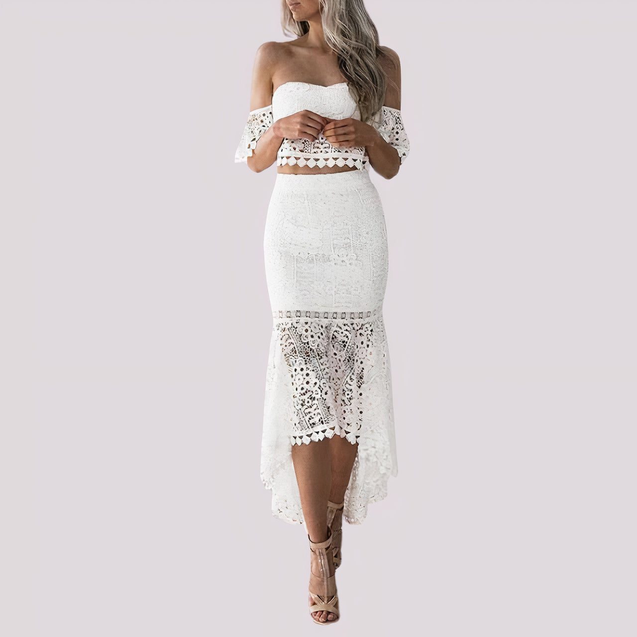 Two-piece dress with off-the-shoulder crochet lace - Ailana