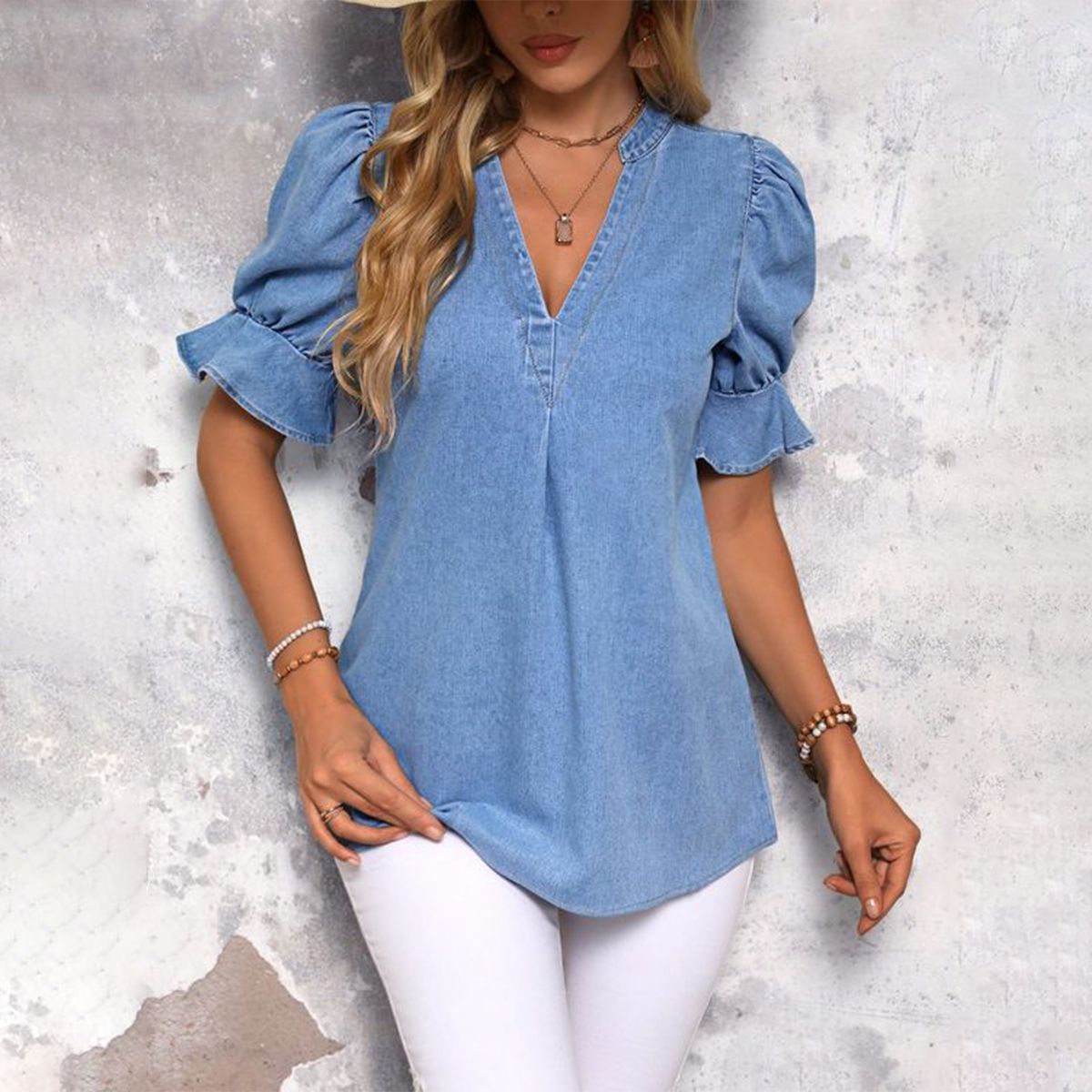 Popular blue solid denim top