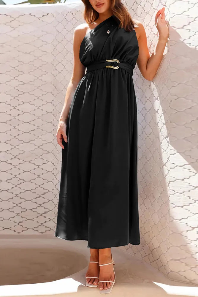 Norah - Elegant evening dresses with slanted neckline and solid metallic embellishments