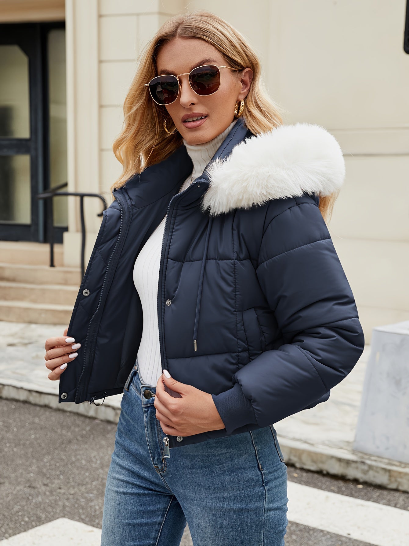 Stylish short puffer winter jacket with fur hood for women | Ideal for fall/winter