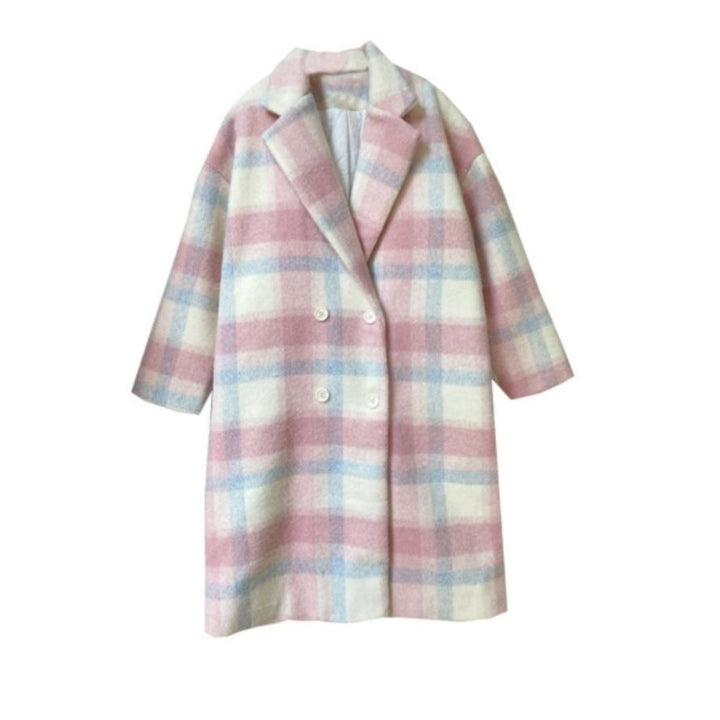 Women's coat in a wool blend with pastel checks and double-breasted buttons