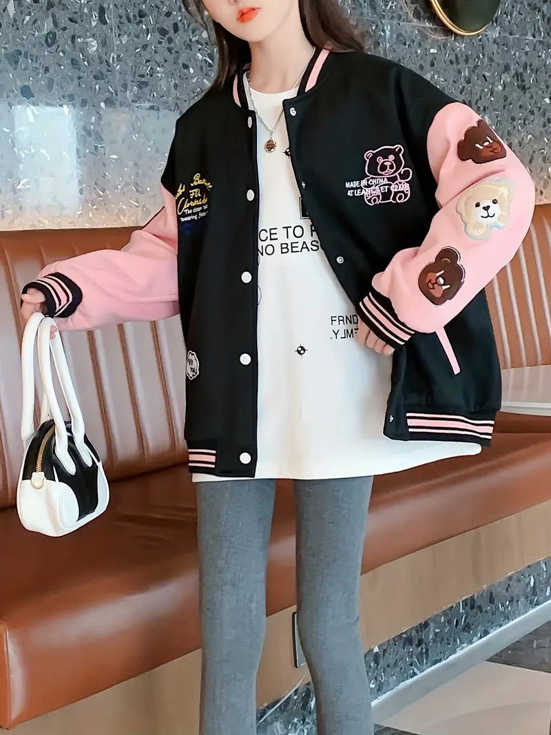 - College jacket with cozy bear print for women