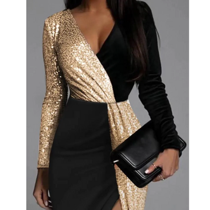 Eva | Gold glitter dress with slit and V-neckline