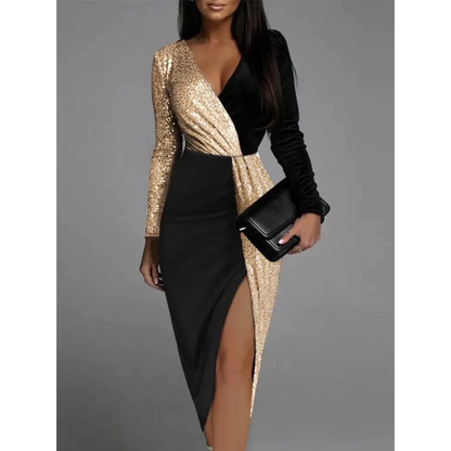 Eva | Gold glitter dress with slit and V-neckline