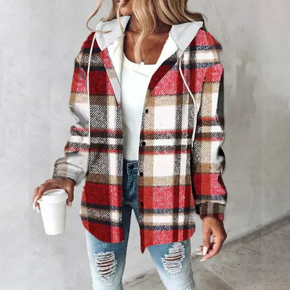 Cozy plaid overshirt with hood for women