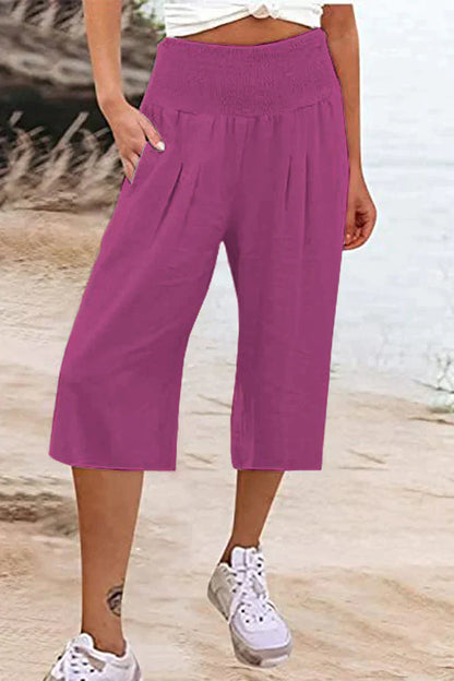 Amelyn - Simple high-waisted pants with wide legs, one-tone, medium-length