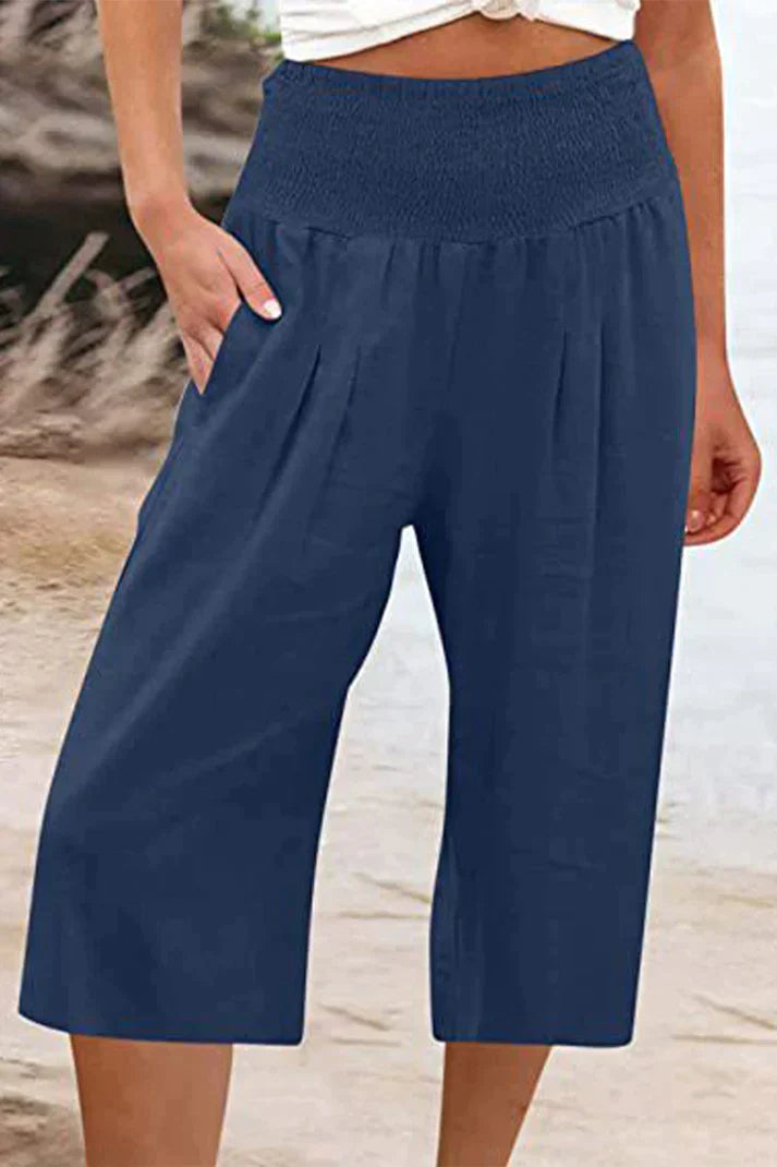 Amelyn - Simple high-waisted pants with wide legs, one-tone, medium-length