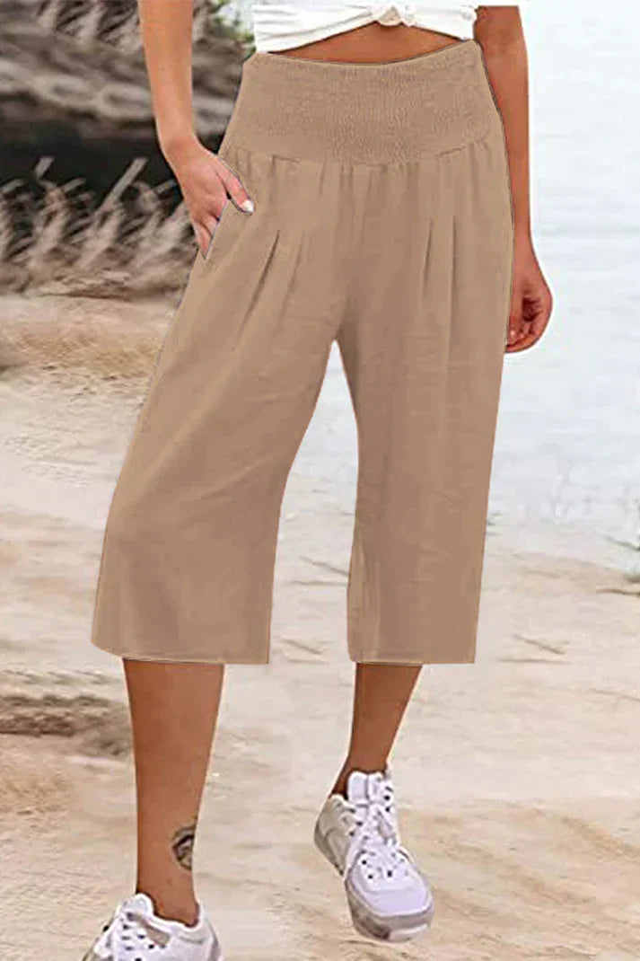 Amelyn - Simple high-waisted pants with wide legs, one-tone, medium-length