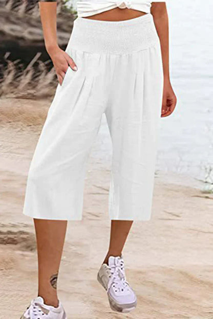 Amelyn - Simple high-waisted pants with wide legs, one-tone, medium-length