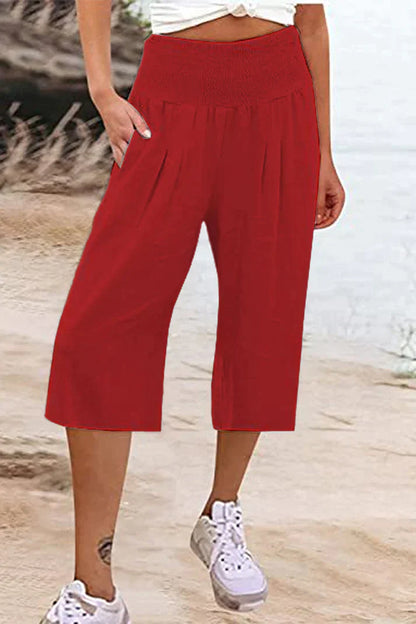 Amelyn - Simple high-waisted pants with wide legs, one-tone, medium-length