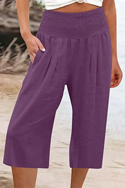 Amelyn - Simple high-waisted pants with wide legs, one-tone, medium-length