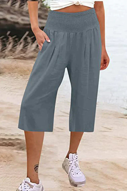 Amelyn - Simple high-waisted pants with wide legs, one-tone, medium-length