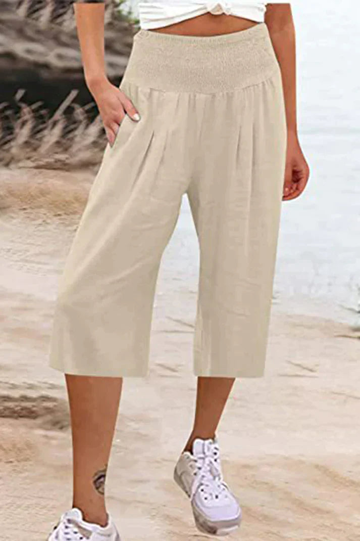 Amelyn - Simple high-waisted pants with wide legs, one-tone, medium-length