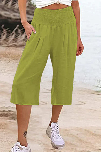 Amelyn - Simple high-waisted pants with wide legs, one-tone, medium-length