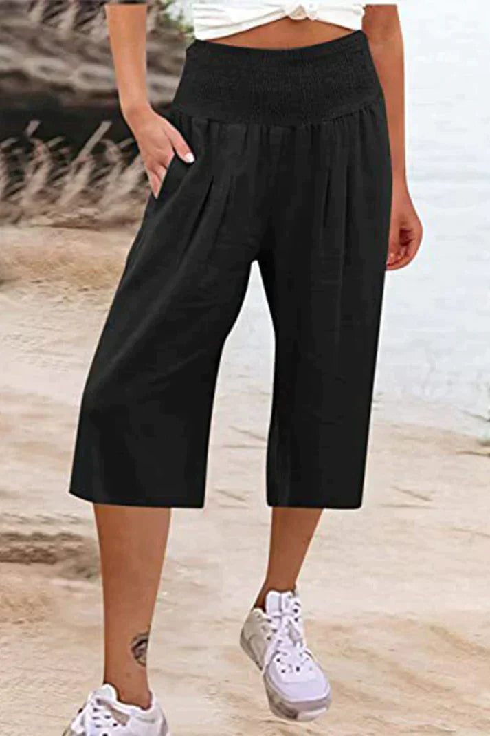 Amelyn - Simple high-waisted pants with wide legs, one-tone, medium-length