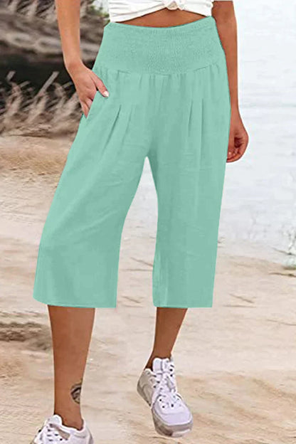 Amelyn - Simple high-waisted pants with wide legs, one-tone, medium-length