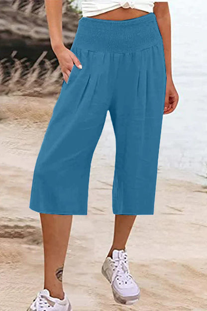 Amelyn - Simple high-waisted pants with wide legs, one-tone, medium-length