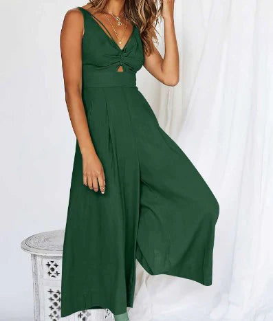 Peach - Women's V-Neck Cut-Out Jumpsuit