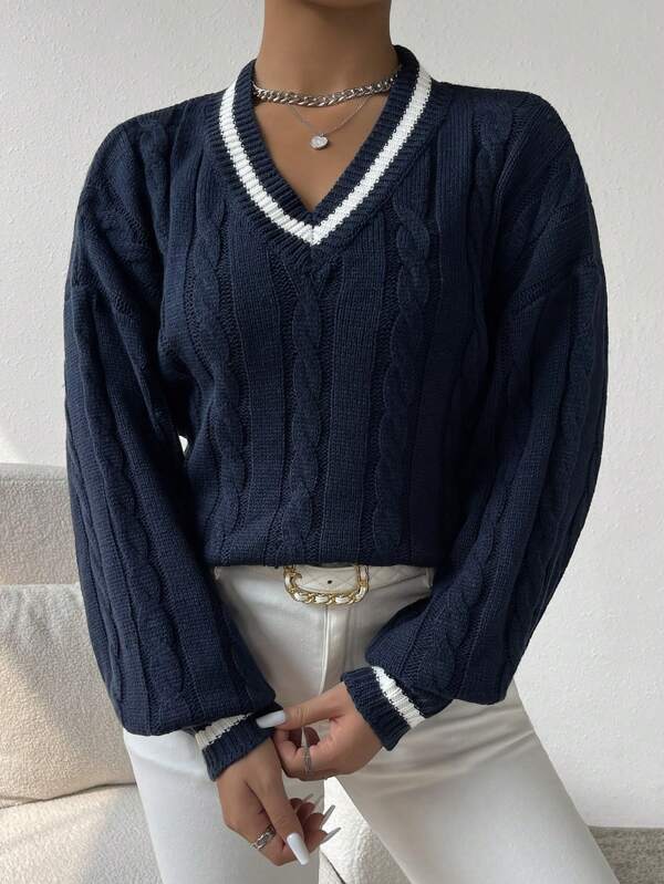 Ywenna Sweater | Casual Striped Cable Knit Sweater