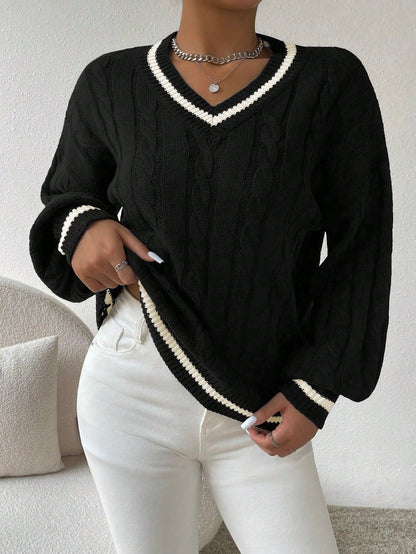 Ywenna Sweater | Casual Striped Cable Knit Sweater