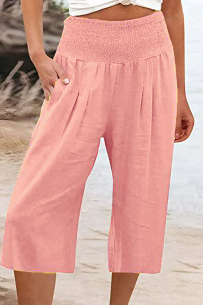 Amelyn - Simple high-waisted pants with wide legs, one-tone, medium-length