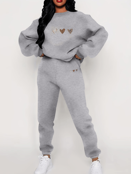 Jess-Mode | Cotton Heart Print Sweater & Sweatpants Tracksuit Set - Ideal for Fall/Winter