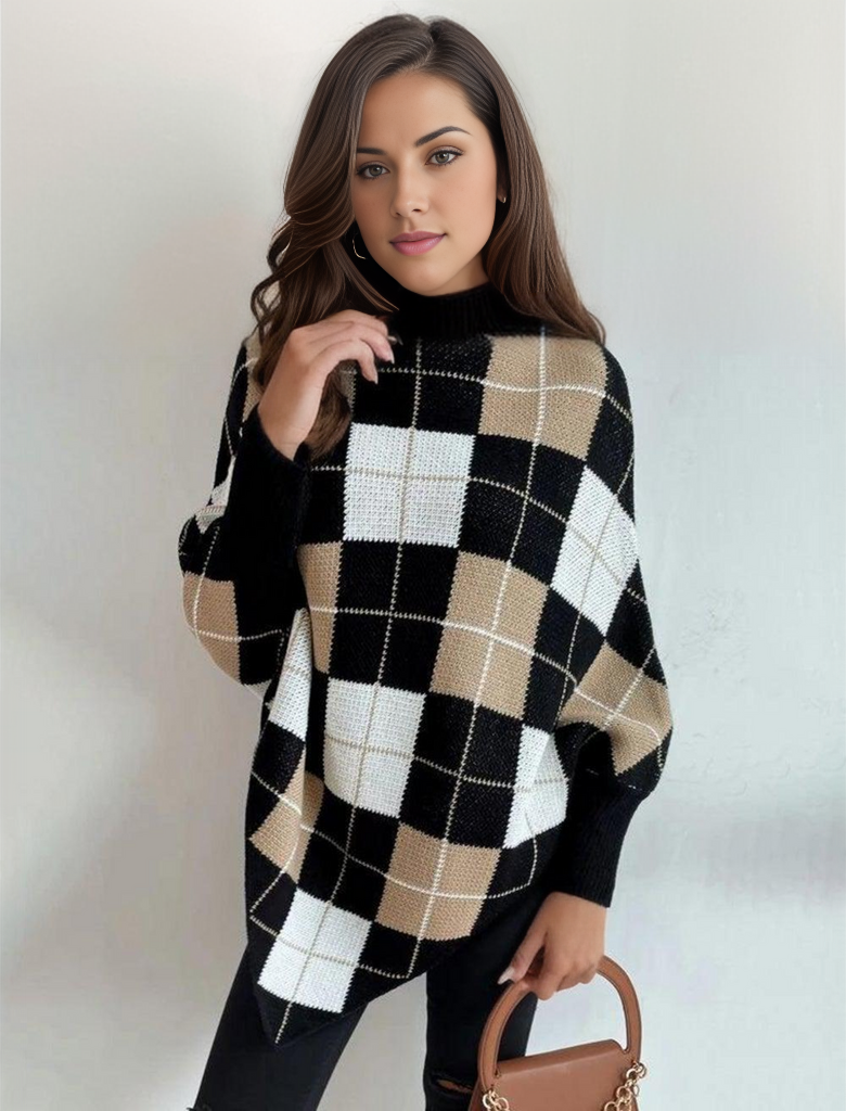 Wisteria Sweater | Knitted Poncho with High Neck and Plaid Pattern