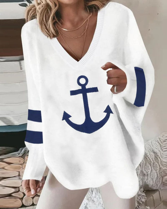 Vanika Sweater | Loose anchor print V-neck sweater