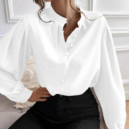 Emma | White elegant floral women's blouse with turn-up collar