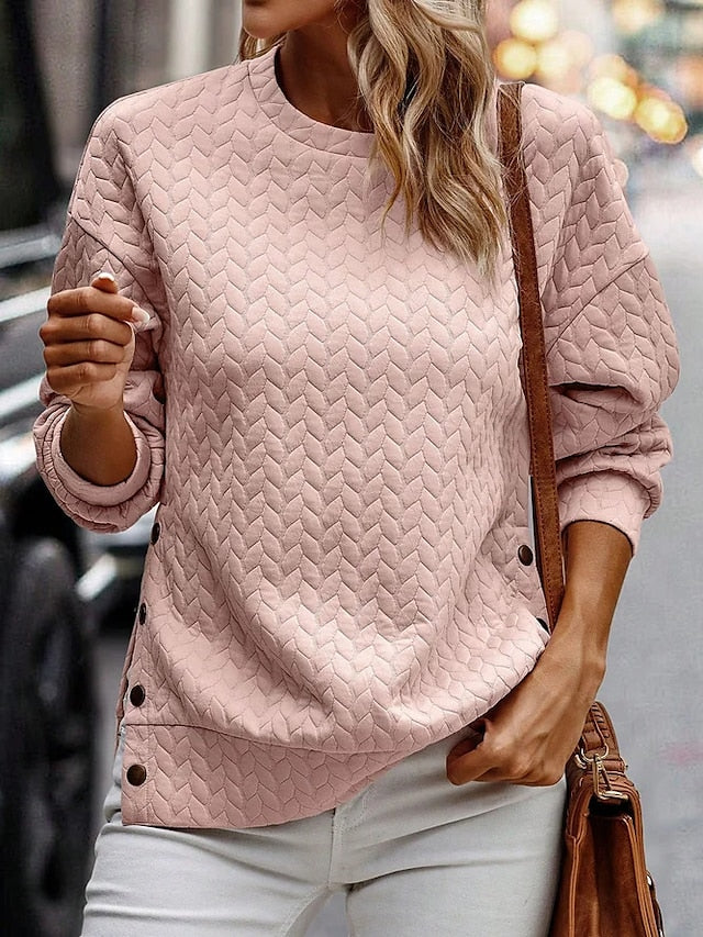 Women's Long Sleeve Sweatshirt - Pink Solid Color Crew Neck Sweater