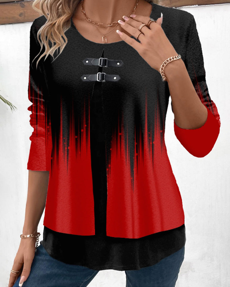 Multilayered red-black long-sleeved top