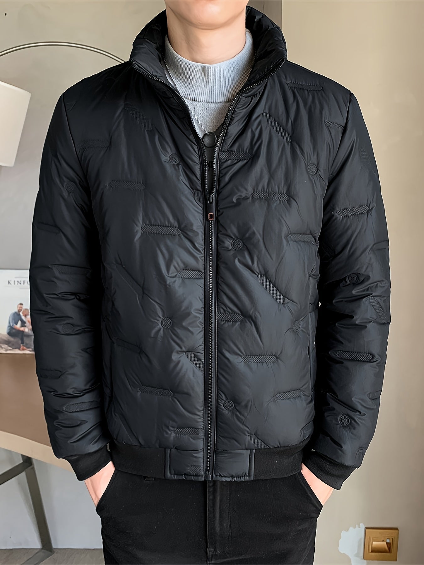 Casual warm black puffer winter jacket with zipper and stand-up collar for men | Ideal for fall/winter