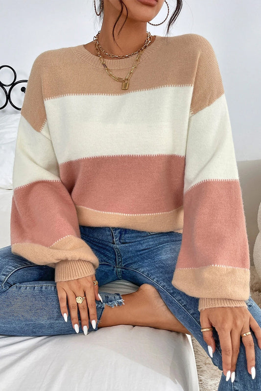 Krisha | Elegant striped pink and khaki jumper with lantern sleeves