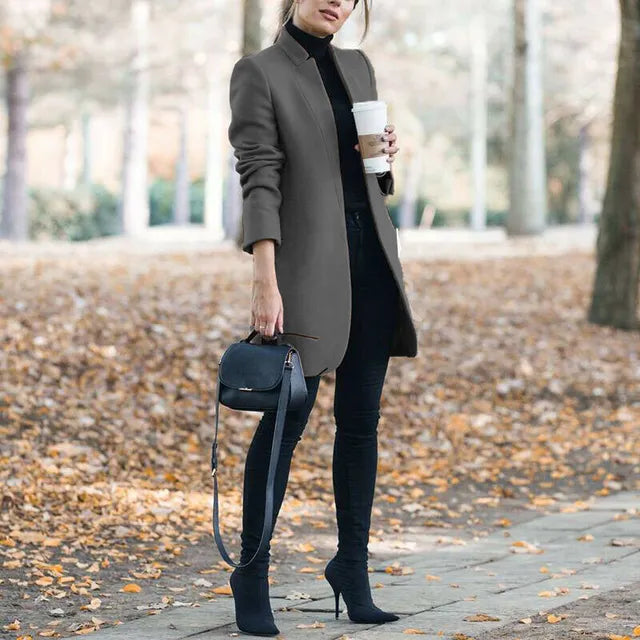 Fashion Solid Neck Wool Coat