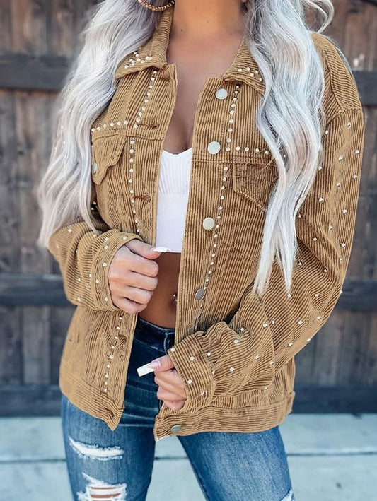 Women's Corduroy Streetwear Jacket with Studded Details