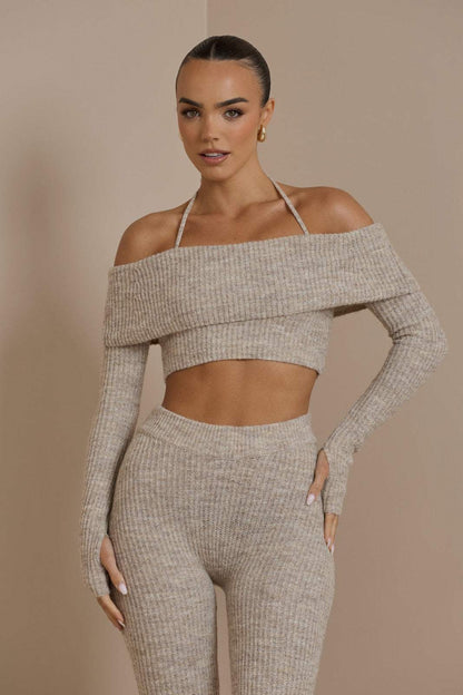 Co-ord Set - Stylish - Knitted, Off-shoulder Top, Fitted Pants - Ideal for Fashionable Occasions