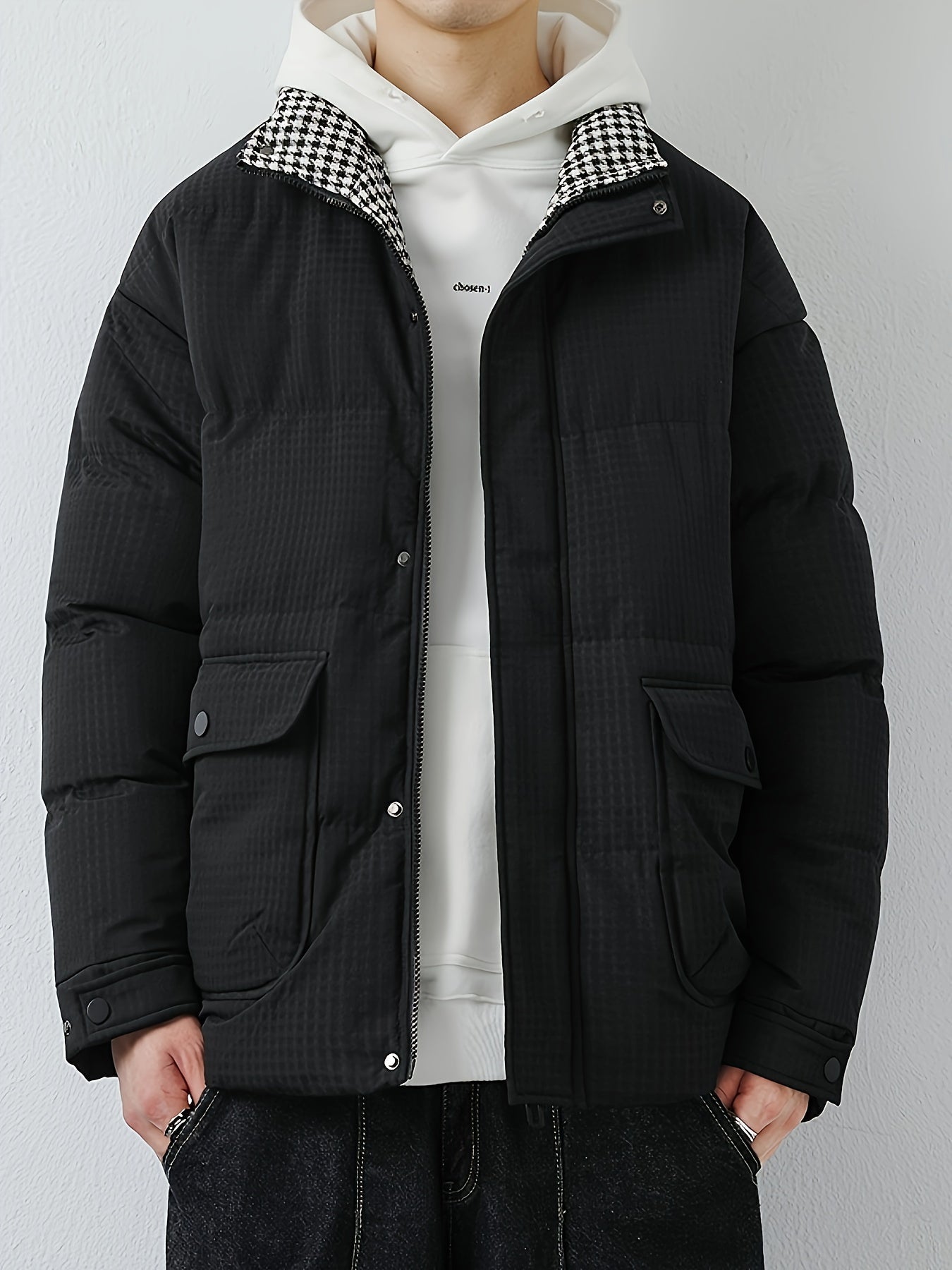 Casual stylish down winter jacket with band collar and padding for men | Ideal for fall/winter