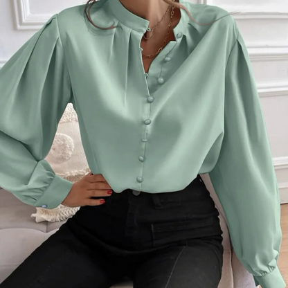 Emma | White elegant floral women's blouse with turn-up collar