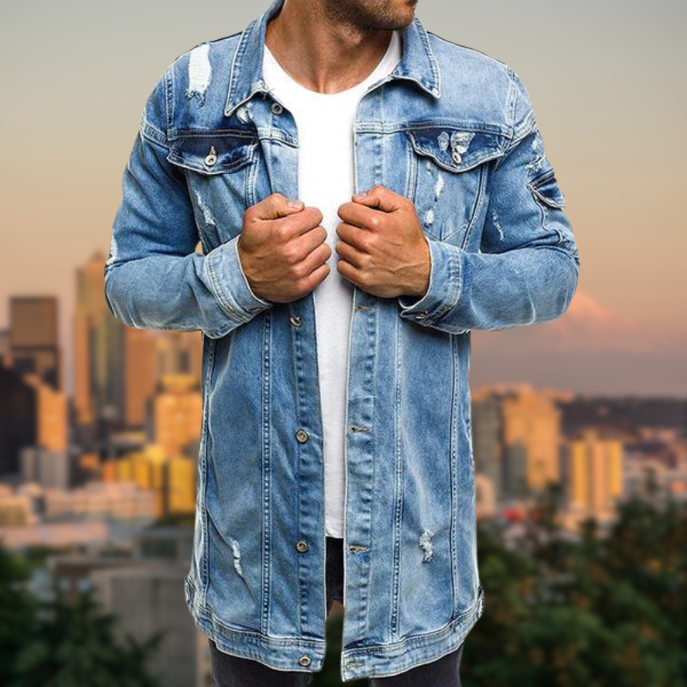 Ripped mid-length denim jacket