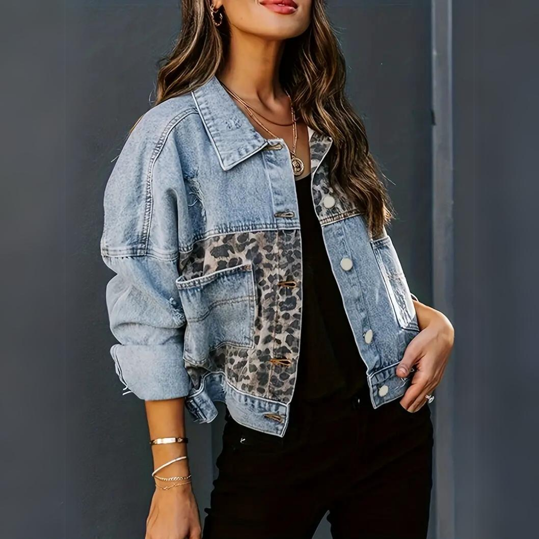 Wysse Jacket | Casual Leopard Patchwork Denim Jacket