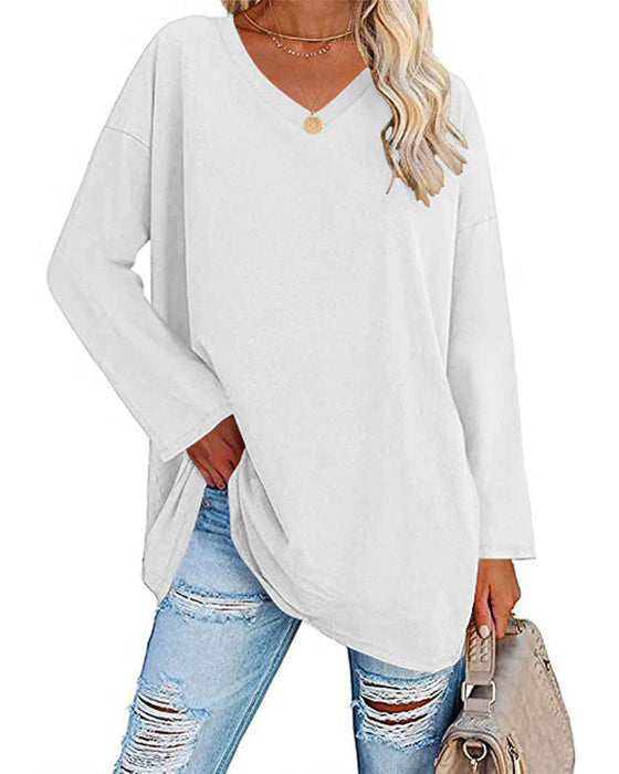 Plain-colored women's blouse with long sleeves and v-neckline