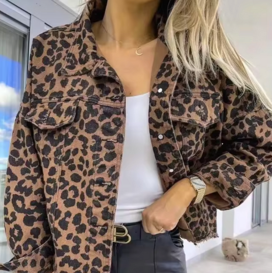 - Denim coat with leopard print